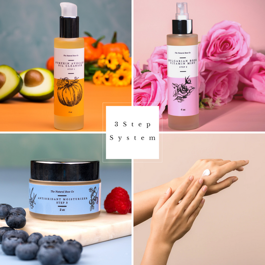 The Natural Rose 3 step organic skincare routine with pumpkin avocado oil, rose vitamin mist, and antioxidant moisturizer